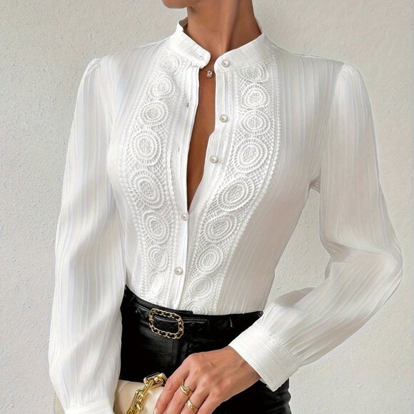 Lace Splicing Textured Solid Blouse, Elegant Long Sleeve Single Breasted Blouse - Picture 1 of 4